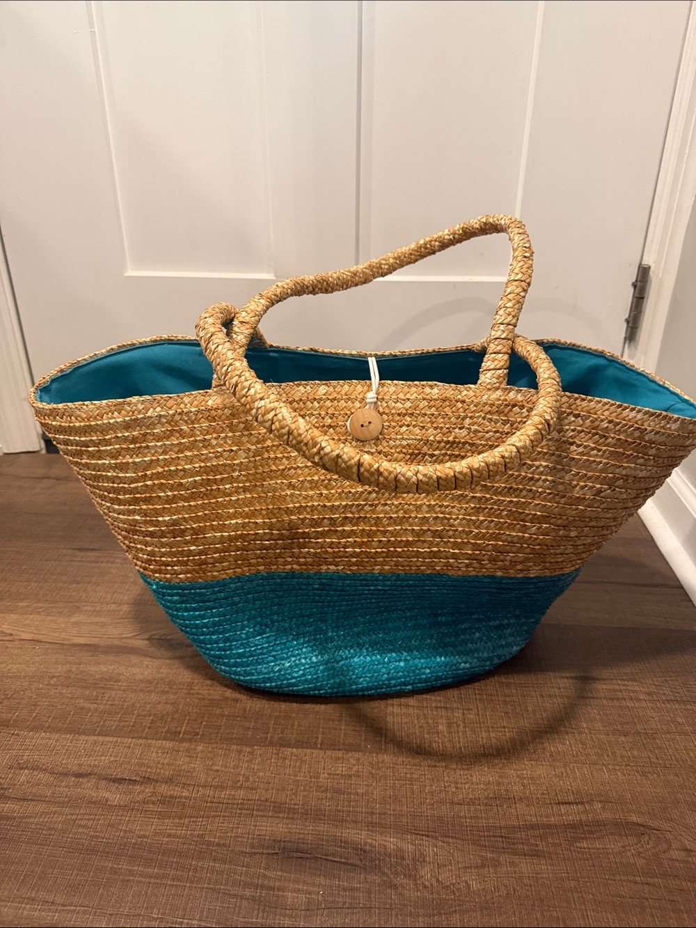 Woven Straw Tote Bag with Teal Accent
